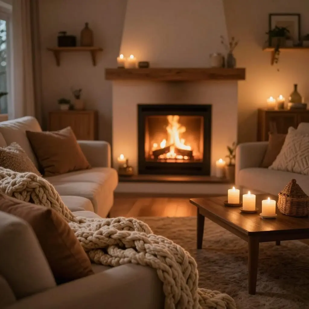 Salon cocooning avec plaids, coussins et éclairage chaleureux