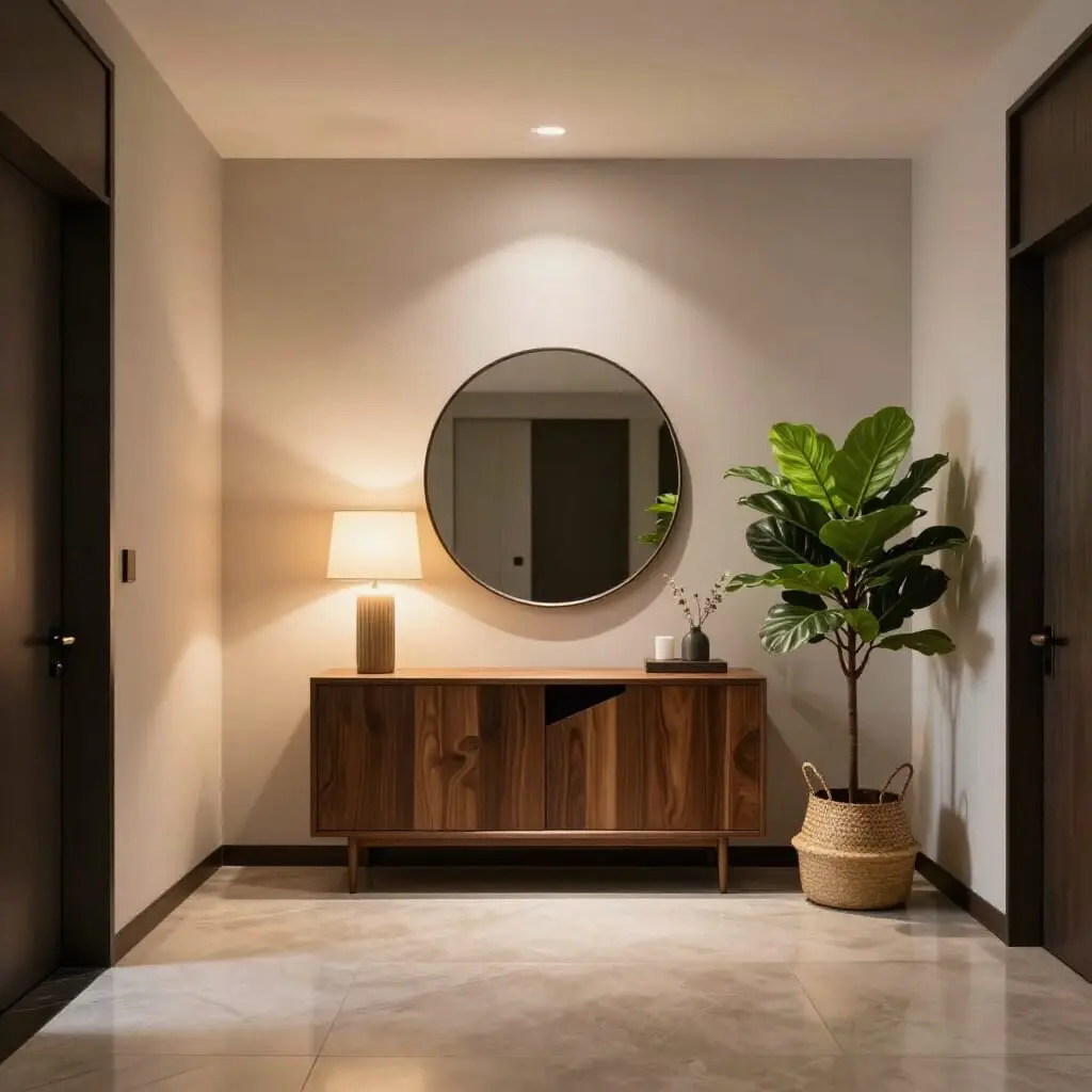 Entrée élégante avec console, miroir et décoration soignée