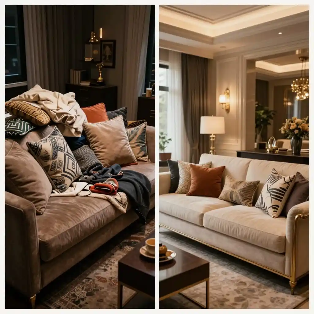 Comparaison entre une décoration surchargée et un canapé harmonieusement décoré