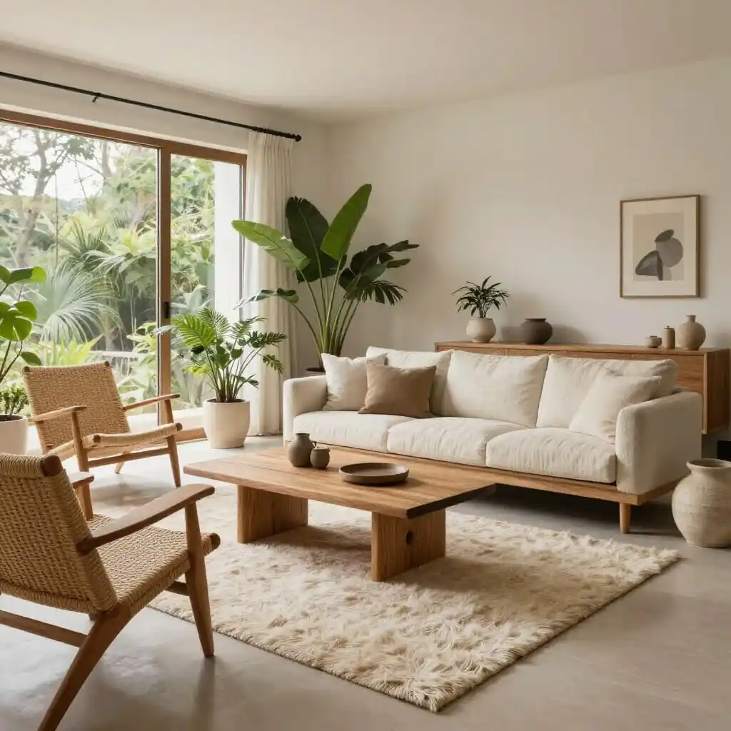 Salon lumineux aménagé avec des matériaux naturels comme le bois, le lin et le rotin
