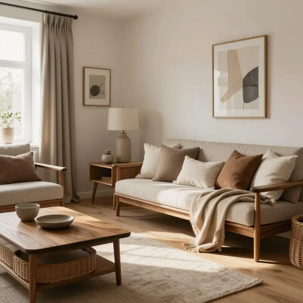 Intérieur décoré avec des matières naturelles comme le bois, le lin et le rotin