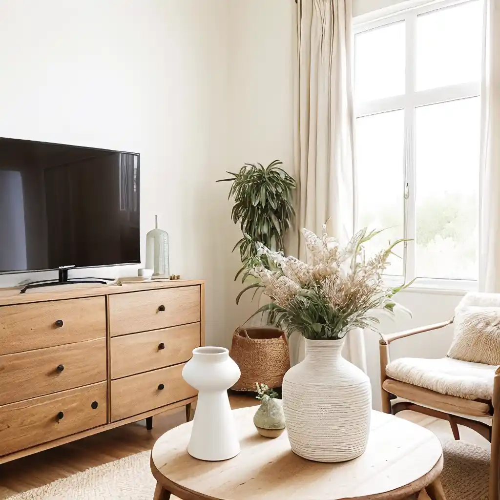 Salon avec coin télévision bien agencé, mur d'accent en tasseaux bois, meuble TV bas en chêne