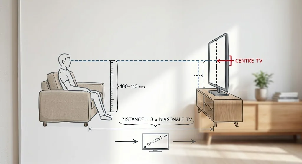 Schéma illustrant la hauteur idéale du centre de l'écran (100‑110 cm) et la distance de recul recommandée