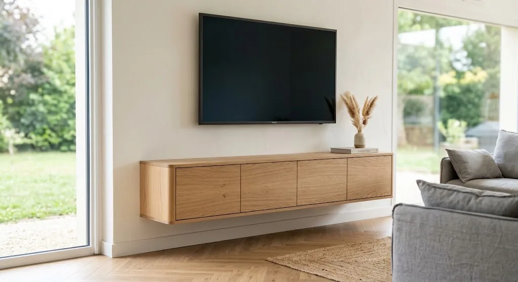 Meuble TV suspendu en chêne clair avec rangements fermés, câbles invisibles