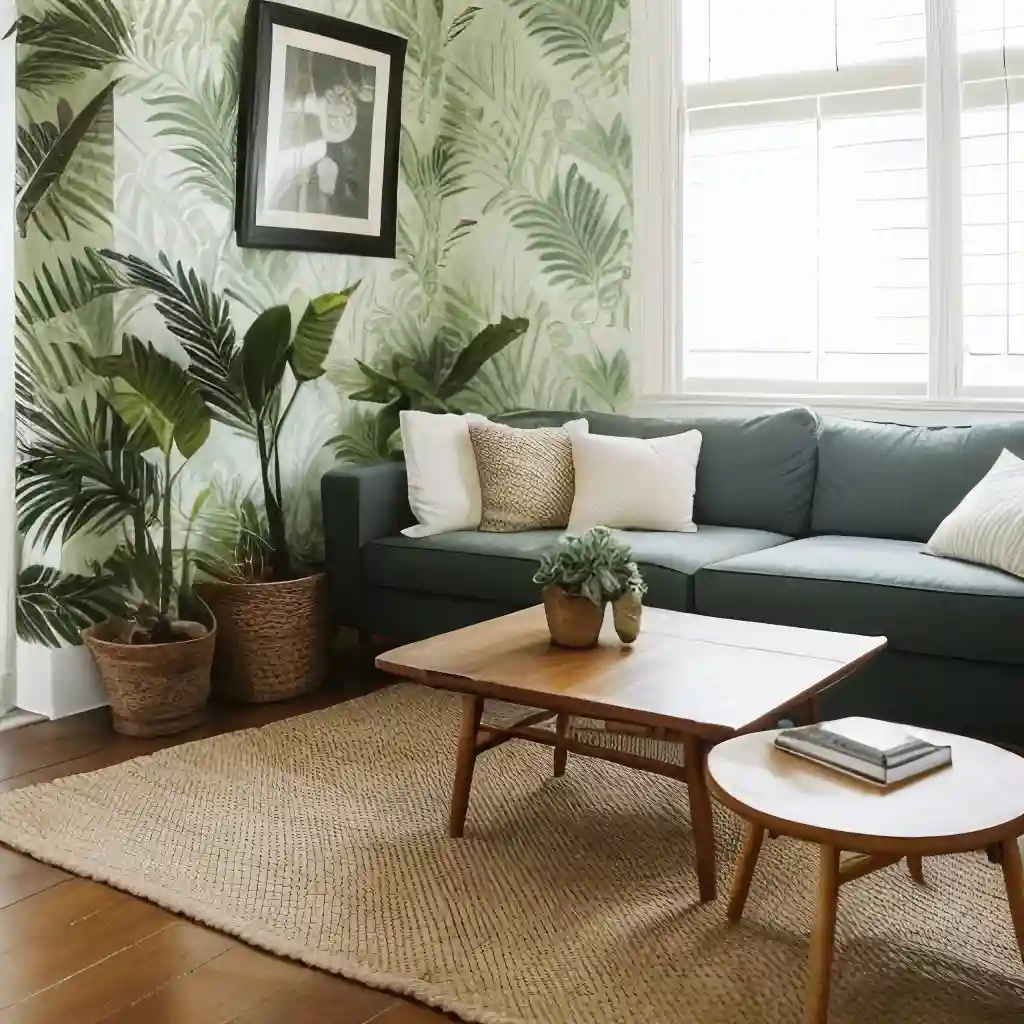 Mur d'accent peint en vert sauge derrière la télévision, étagères murales et plante verte