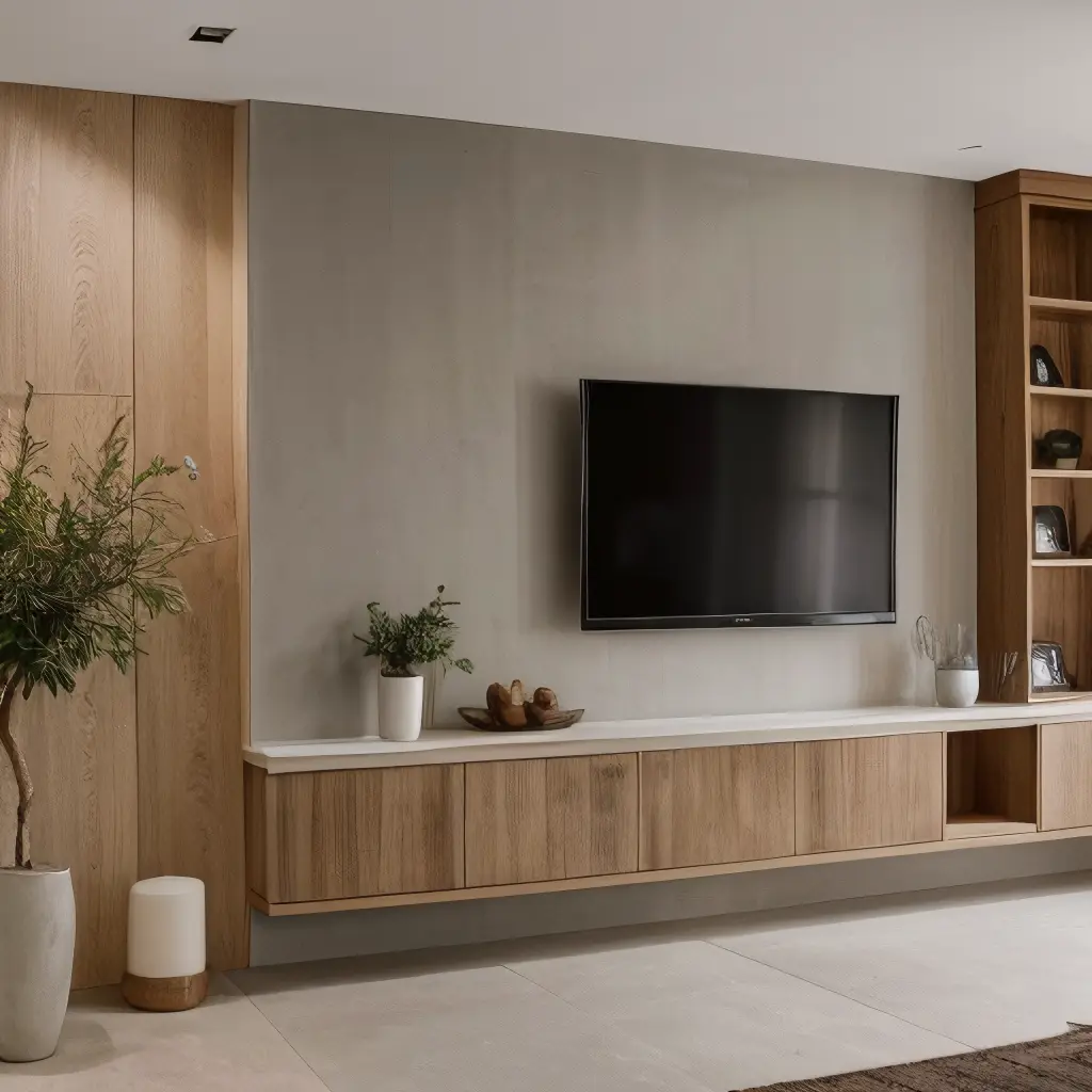 Coin télévision en angle avec meuble d'angle compact et fauteuil confortable