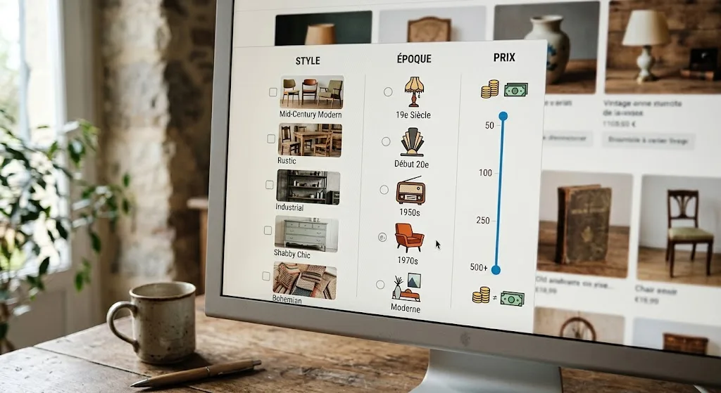 Interface de recherche de meubles vintage en ligne